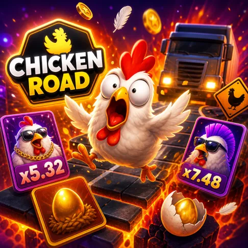 Colorful promo image featuring a funny chicken, road lanes, eggs, feathers, and coins representing Chicken Road slot game.